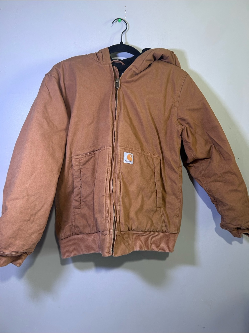 Carhartt Youth L 14-16 Brown Duck Canvas Hooded Quilted Workwear Jacket